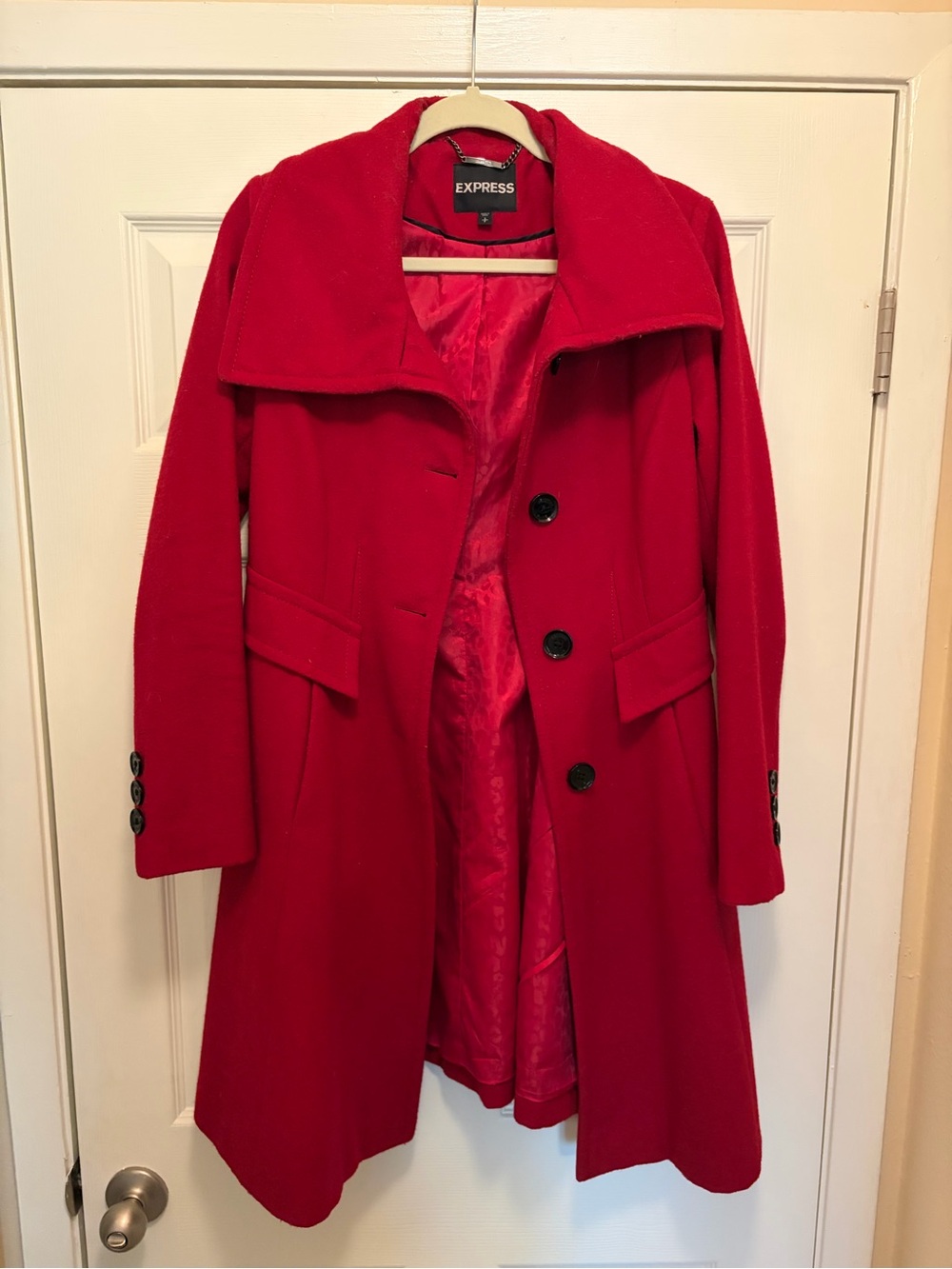 Express Red Long Swing Peacoat with Floral Jacquard Lining Size S